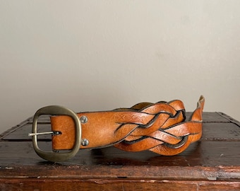 Vintage 70s Brown Leather Braided Belt - 29/30