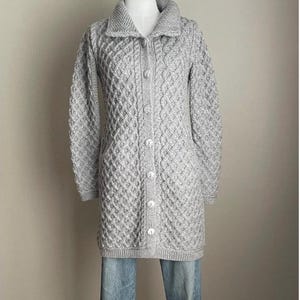 vintage Aran Crafts Heather Gray Wool Irish Cardigan Long Tunic Sweater - women&#39;s small