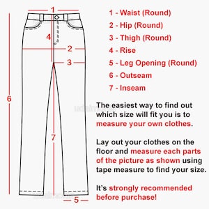 Peut inclure: Diagramme montrant comment mesurer diff&eacute;rentes parties d'un pantalon, y compris la taille, les hanches, la cuisse, la hauteur, l'ouverture de la jambe, la couture ext&eacute;rieure et la couture int&eacute;rieure. Le texte dit "La fa&ccedil;on la plus simple de trouver la taille qui vous convient est de mesurer vos propres v&ecirc;tements. &Eacute;talez vos v&ecirc;tements sur le sol et mesurez chaque partie de l'image comme indiqu&eacute; en utilisant un m&egrave;tre ruban pour trouver votre taille. Il est fortement recommand&eacute; de le faire avant l'achat !"