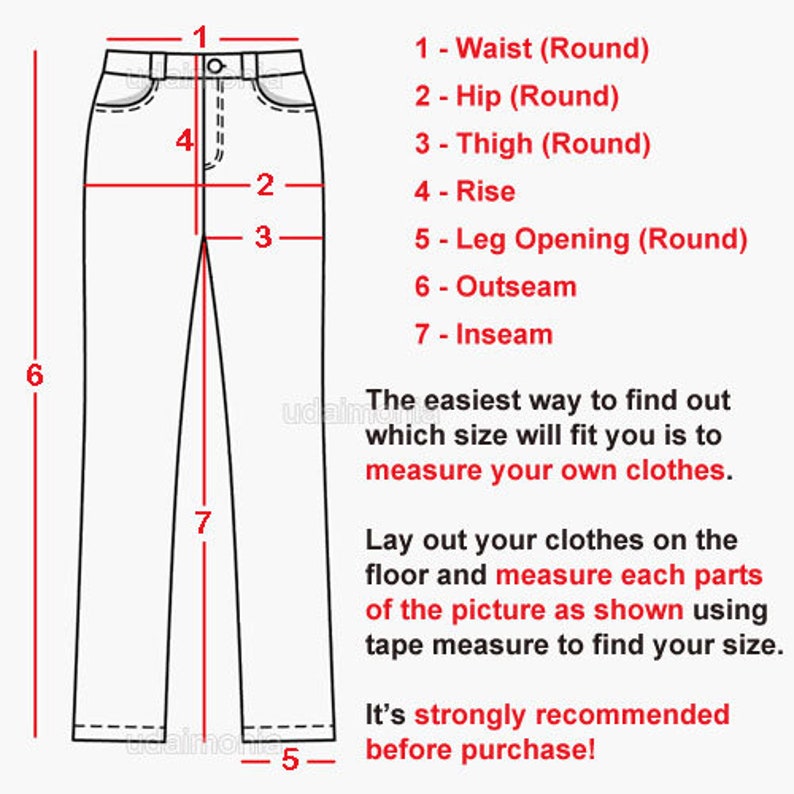 Peut inclure: Diagramme montrant comment mesurer diff&eacute;rentes parties d'un pantalon, y compris la taille, les hanches, la cuisse, la hauteur, l'ouverture de la jambe, la couture ext&eacute;rieure et la couture int&eacute;rieure. Le texte dit "La fa&ccedil;on la plus simple de trouver la taille qui vous convient est de mesurer vos propres v&ecirc;tements. &Eacute;talez vos v&ecirc;tements sur le sol et mesurez chaque partie de l'image comme indiqu&eacute; en utilisant un m&egrave;tre ruban pour trouver votre taille. Il est fortement recommand&eacute; de le faire avant l'achat !"