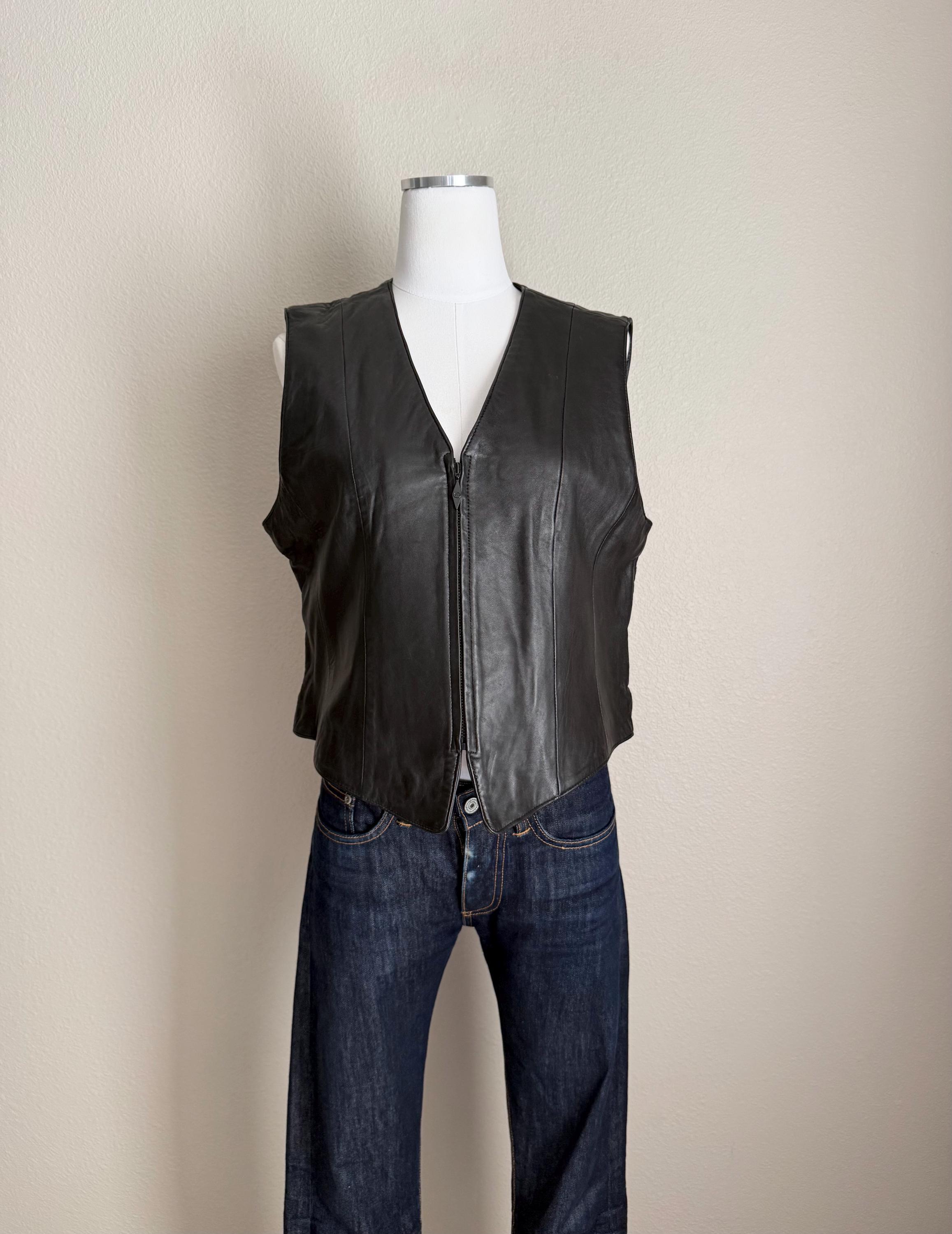 Vintage 90s Black Leather Zip Biker Goth Festival Jaqueline Ferrar Vest - women's medium /large