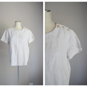 tan linen blouse / breezy tan short sleeve linen top / womens large linen blouse / summer linen top- large