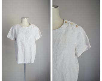 tan linen blouse / breezy tan short sleeve linen top / womens large linen blouse / summer linen top- large
