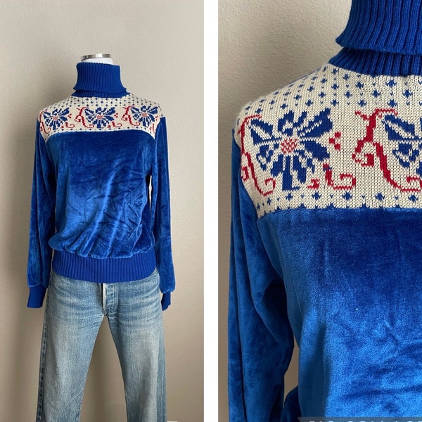 Vintage 70s 80s blue floral fair isle velour velveteen sweater turtleneck with flowers - women's small/med