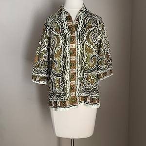 mod mod blouse / vintage paisley olive green 60s mid century modern geometric atomic blouse women's medium image 8