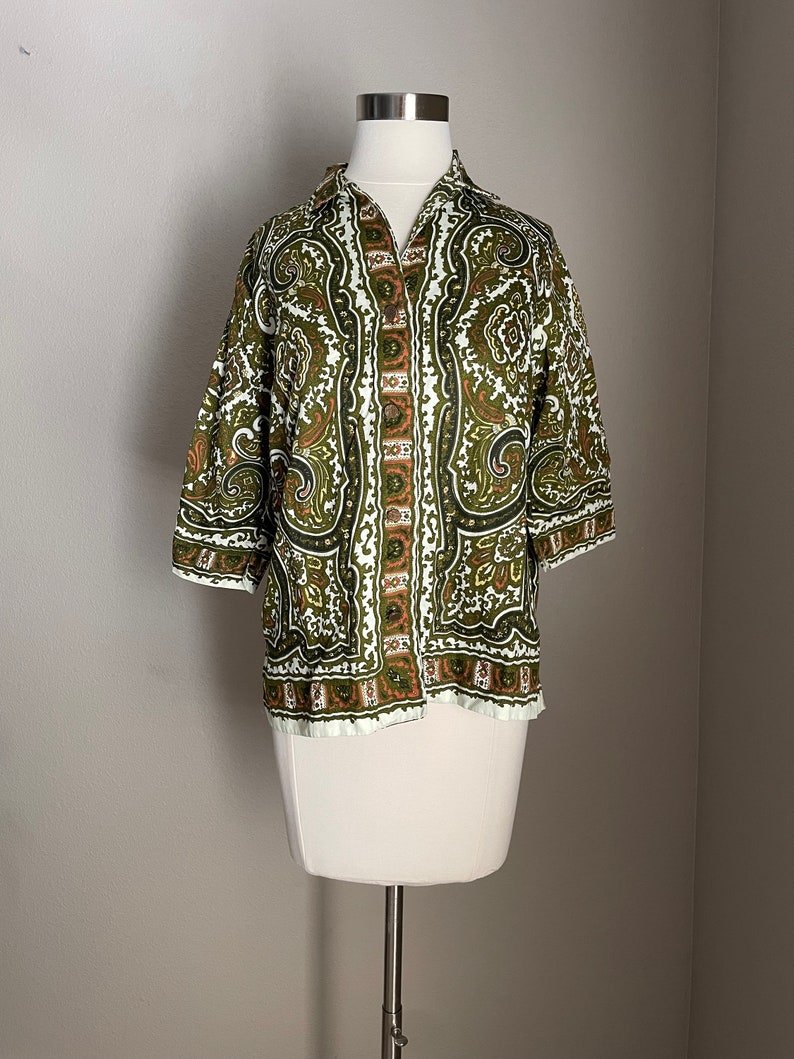 mod mod blouse / vintage paisley olive green 60s mid century modern geometric atomic blouse women's medium image 8