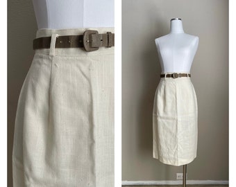 vintage 90s ivory linen blend knee length skirt - 24/25 - deadstock beige skirt