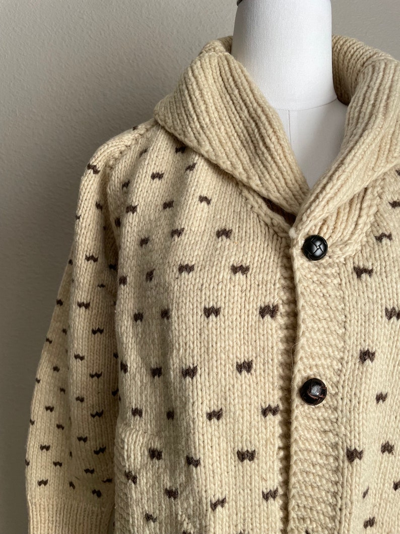 vintage speckled ivory shawl neck wool long sweater cardigan duster jacket women's small petite image 9