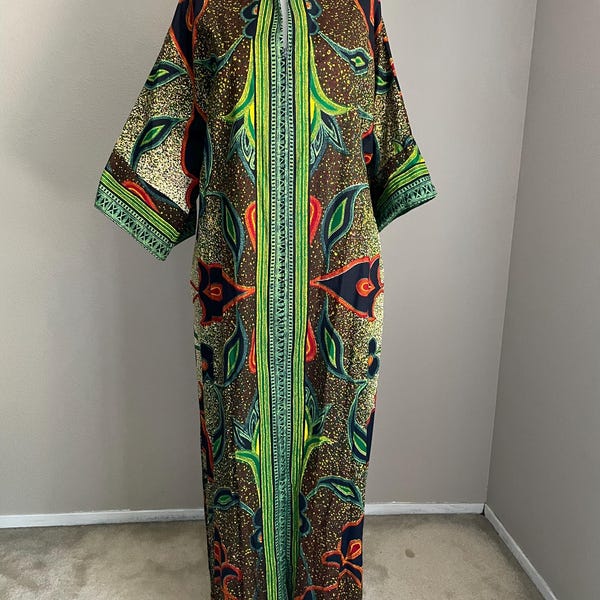 Vintage 70s David Brown Dashiki Caftan Tribal Dress // Green Native Ethnic Maxi- small/medium