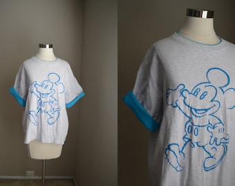 vintage 80s 90s mickey mouse turquoise heather gray blue tshirt -- large unisex