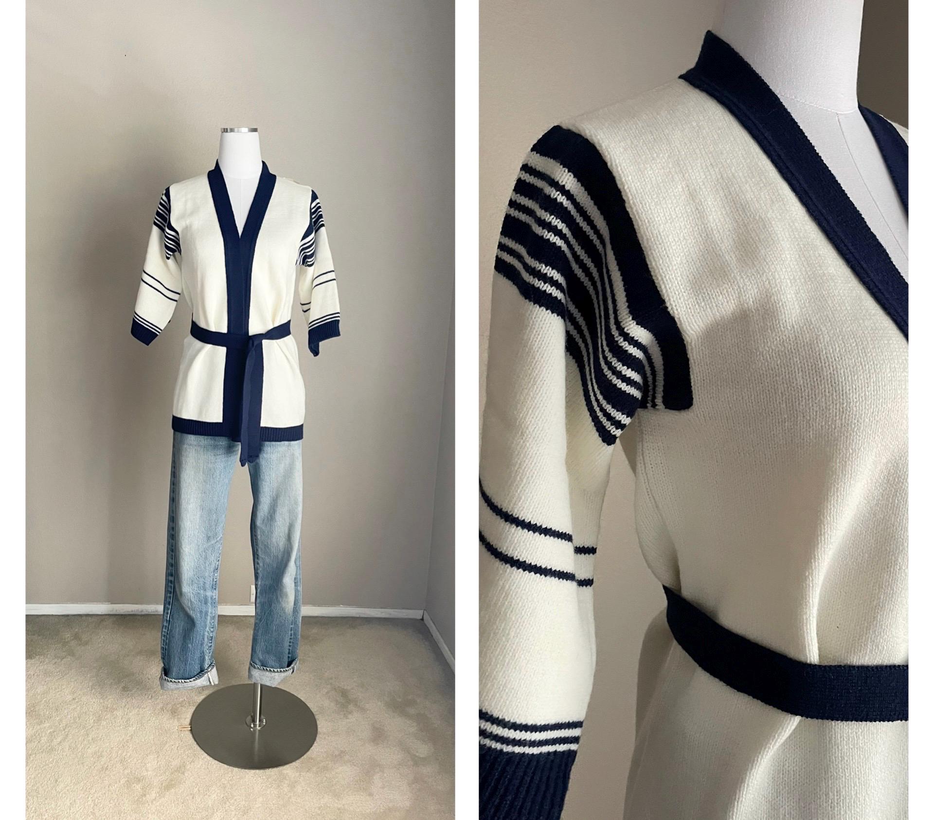 Vintage 70s Jantzen Cardigan Blue White Wrap Sweater - Women's