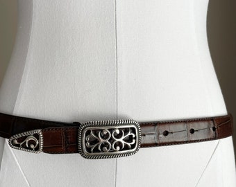 vintage 90s brown leather belt / medium brown crocodile calf leather- women's belt silver buckle - 28/29/30/31