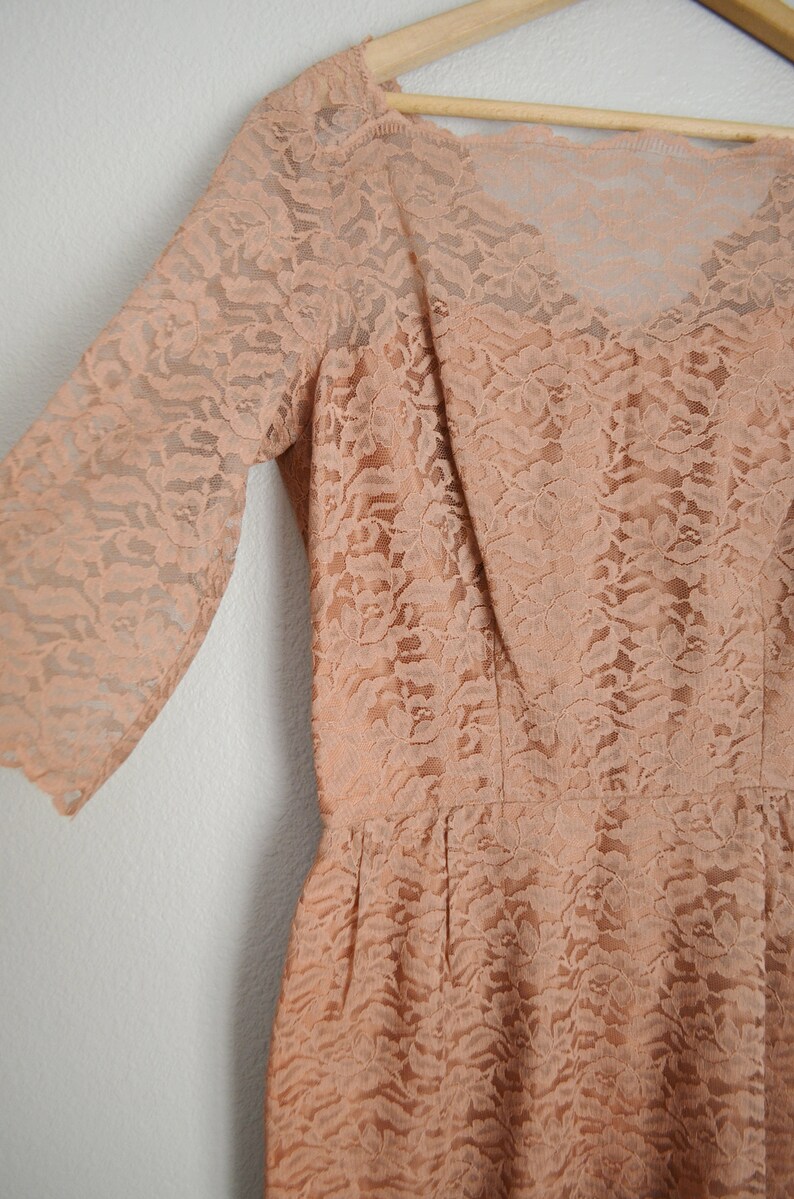 vintage 1960s rose tan nude lace 60s mid century tiered wiggle dress- medium