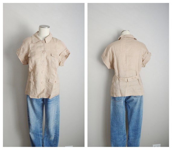 vintage 80s tan linen short sleeve safari  blouse… - image 3