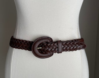 vintage 90s brown pebbled leather braided belt- ladies medium skinny braided belt- medium/large -30/32/34