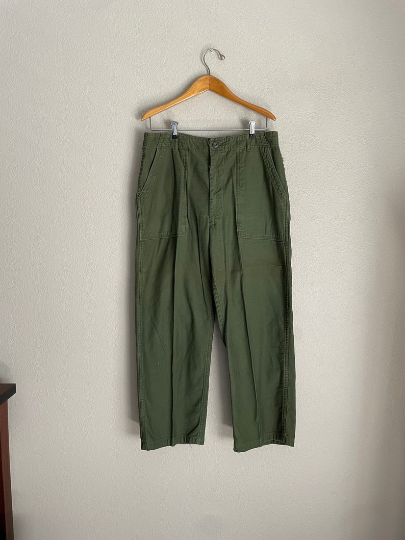 Vintage 1970 Unisex Olive Drab Utility Fatigues Military Trouser 32x27 OG 107 31/32 Fatigues image 3