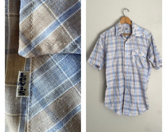 Vintage 80s Plaid Lightweight LEVI'S Summer Western Style short Sleeve Shirt // men's small