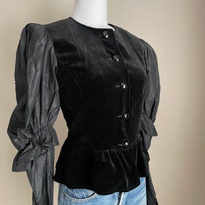 vintage 80s YVES SAINT LAURENT rive gauche black velvet taffeta peplum fitted jacket blouse/ women's x-small image 3