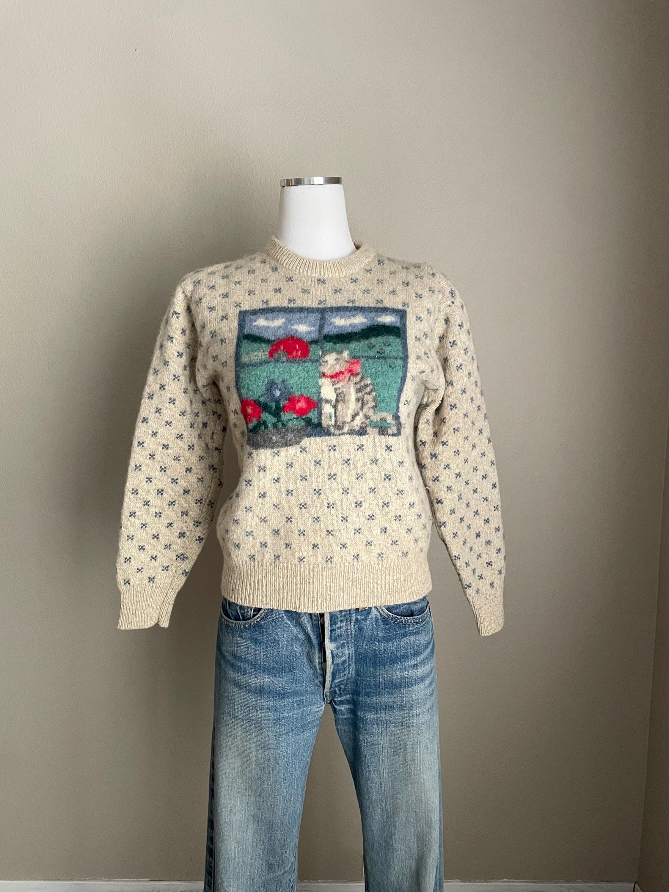 Vintage 1989 Eddie Bauer Cottagecore Wool Cat Sweater / Xsmall 