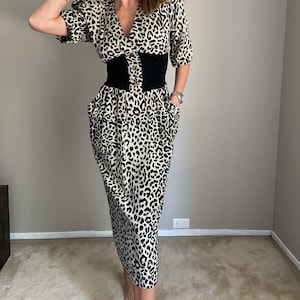 Vintage 80s does 40s Black Cheetah Leopard Animal Print Wiggle Dress, Sexy Leopard Dress - small