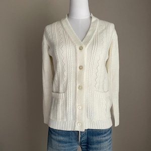 Vintage 70s White Classic Cardigan Sweater, Cottagecore Grandma Neutral Minimal Sweater / women&#39;s small