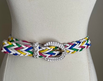 Vintage 80s 90s White Multicolor Braided Leather Belt - Women's Small - 26-30