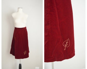 vintage 80s burgundy red velvet a-line midi skirt -- small- velvet skirt 25/26- valentine's christmas skirt