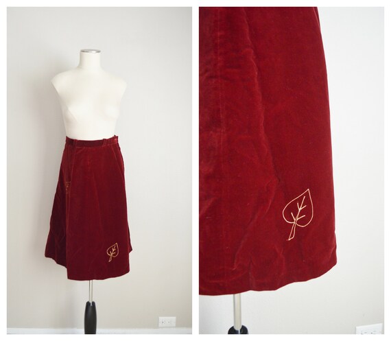 vintage 80s burgundy red velvet a-line midi skirt… - image 1