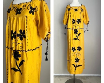 oaxacan dress / hand embroidered ethnic mustard yellow peasant bohemian dress / mexican ethnic  long bohemian dress hippie dress - medium