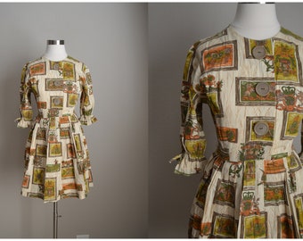 vintage 50s 60s mid century mod brown white novelty print dress-- 34-26- free- juniors