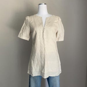 Vintage 90s Tan Beige Neutral Linen Carol Little Short Sleeve Blouse Top - xsmall / small