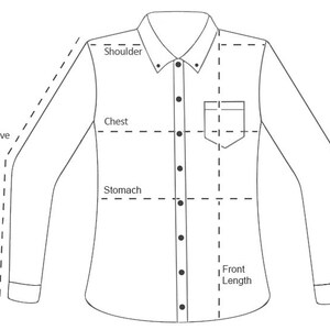 Puede incluir: Camisa blanca abotonada con mangas largas, bolsillo en el pecho y cuello. L&iacute;neas de puntos indican &aacute;reas para medir el hombro, el pecho, el est&oacute;mago, la manga y el largo delantero. Prenda b&aacute;sica.