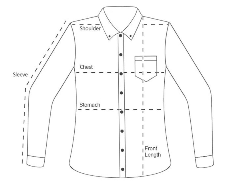 Puede incluir: Camisa blanca abotonada con mangas largas, bolsillo en el pecho y cuello. L&iacute;neas de puntos indican &aacute;reas para medir el hombro, el pecho, el est&oacute;mago, la manga y el largo delantero. Prenda b&aacute;sica.