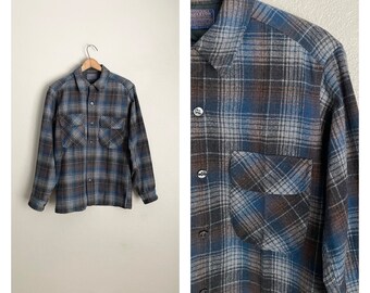 vintage 70s 80s blue gray plaid wool board shirt PENDLETON shirt -- men's xsmall/ small