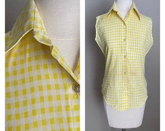 vintage 60s yellow white gingham sleeveless blouse- small/medium - 38
