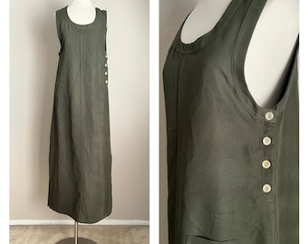 vintage green maxi dress / dark olive maxi sleeveless market dress - small