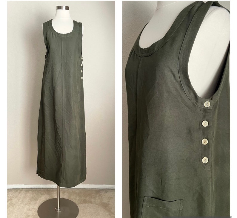 vintage green maxi dress / dark olive maxi sleeveless market dress small image 1