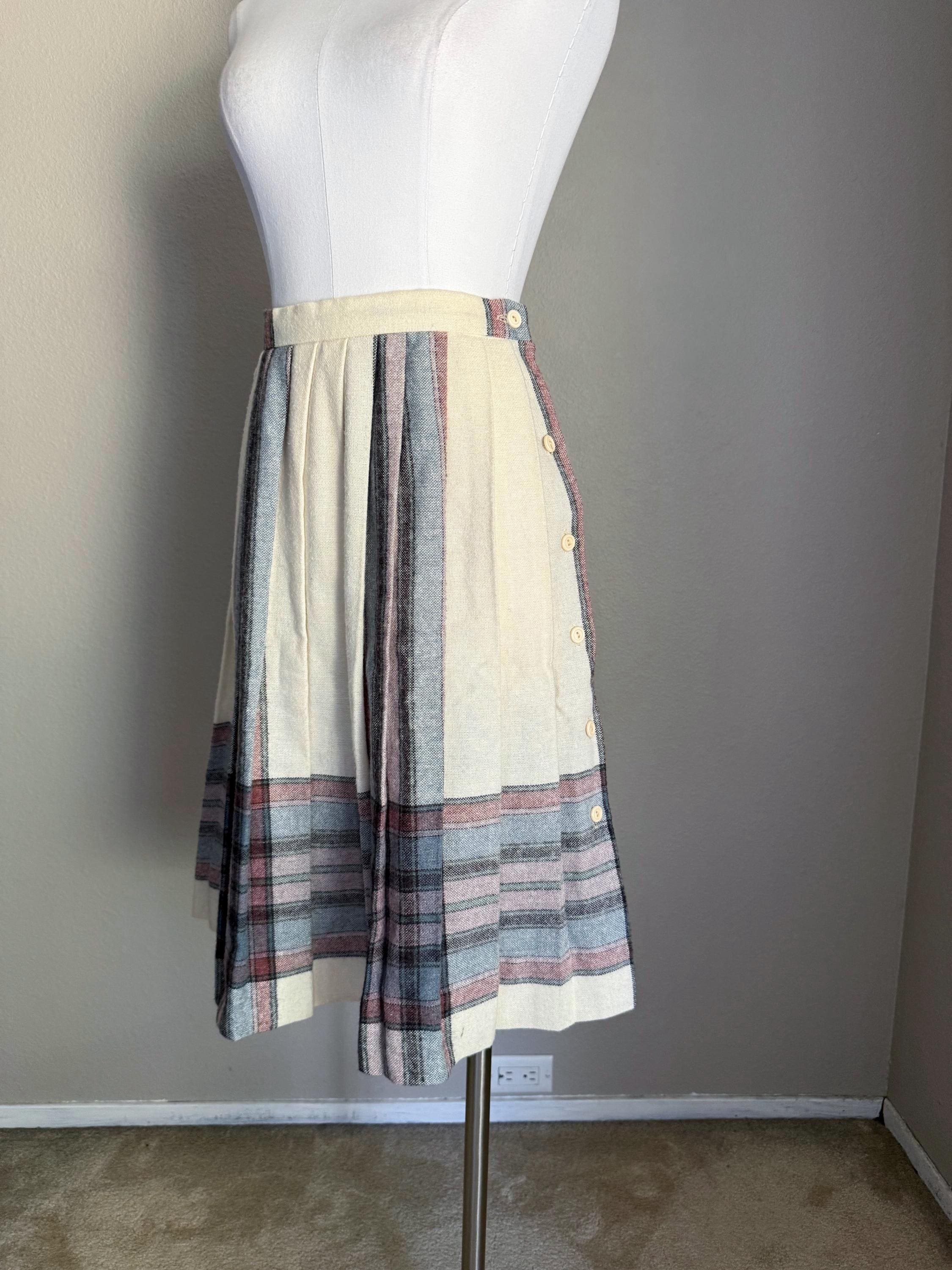 80s Wool Blend Pleated Skirt - Neutral Pastel Stripes, Knee-Length Academia Style