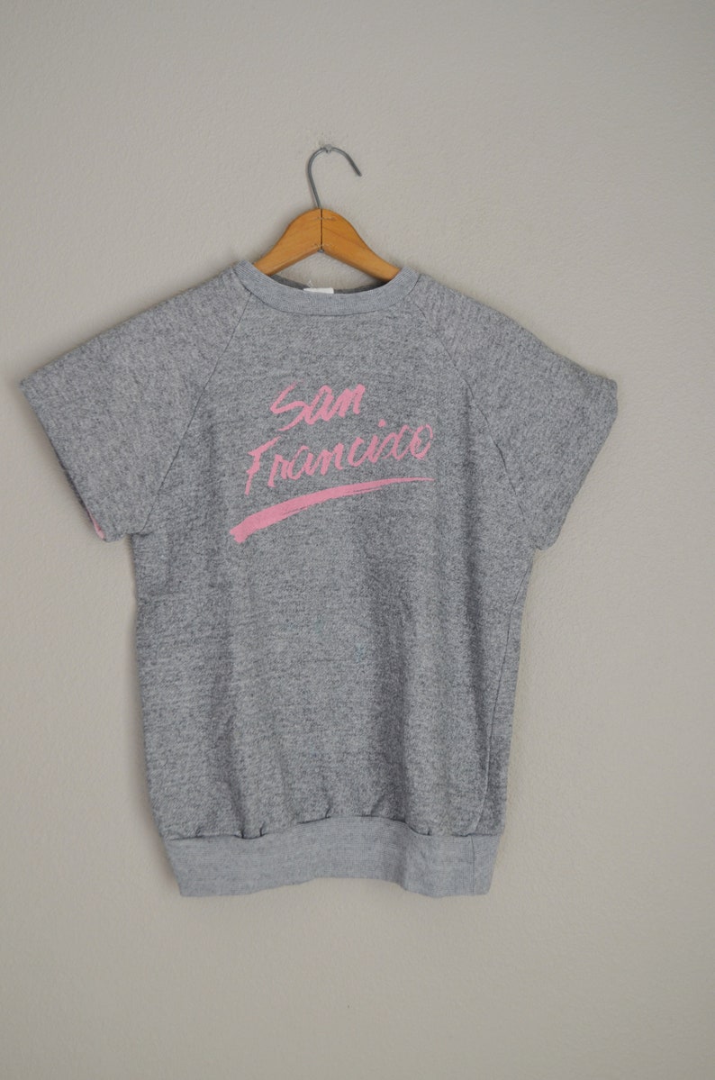 tourist 80s short sleeve sweatshirt vintage heather Fame Flashdance gray and pink san francisco awesome blouse top womens medium