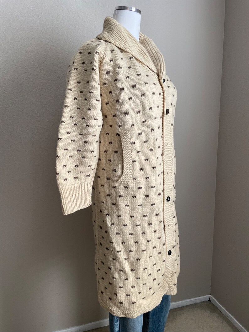 vintage speckled ivory shawl neck wool long sweater cardigan duster jacket women's small petite image 7