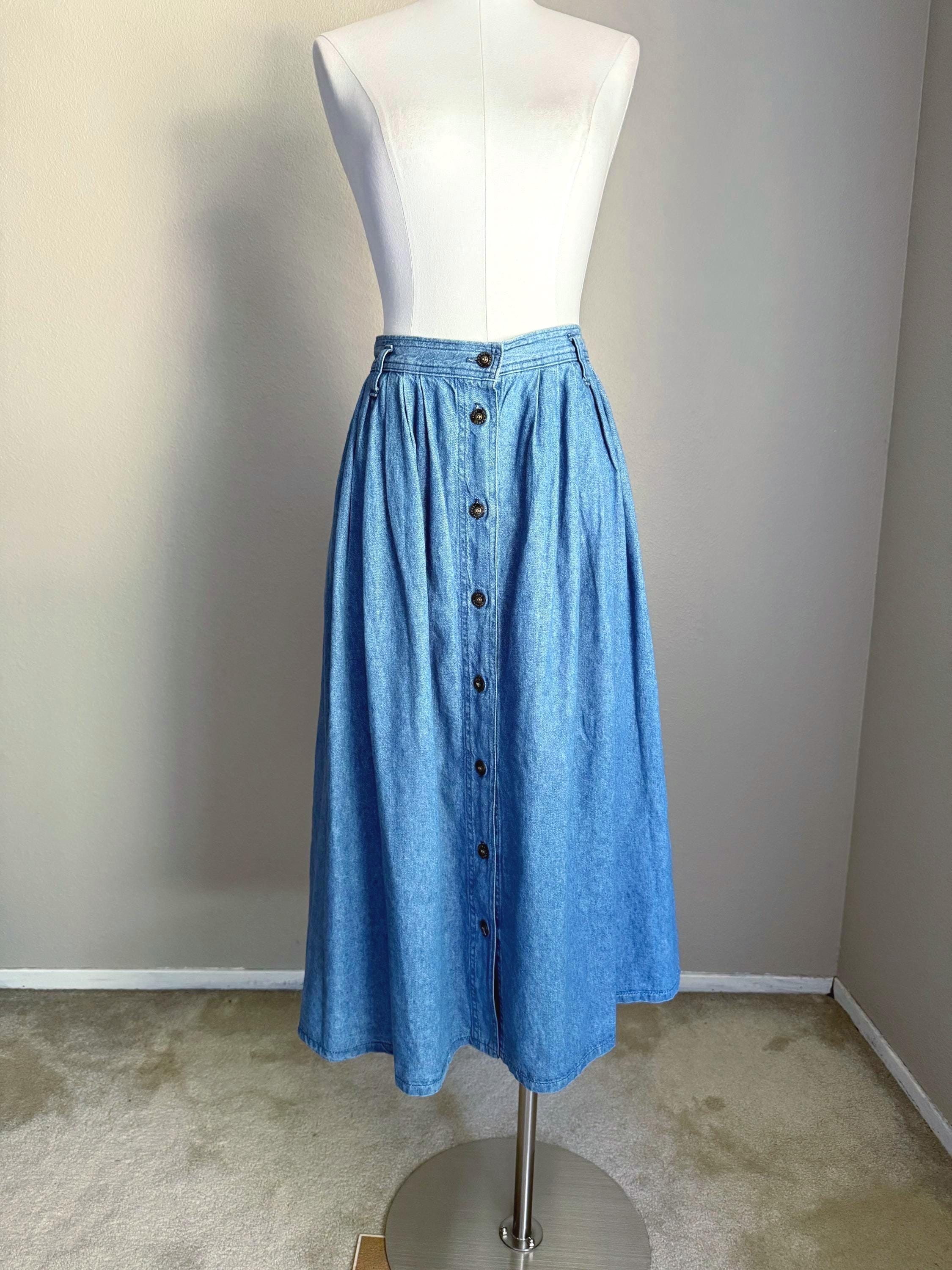 Vintage 90s Docker's Pleated Button Denim Midi Academia Prairie School Skirt - 32