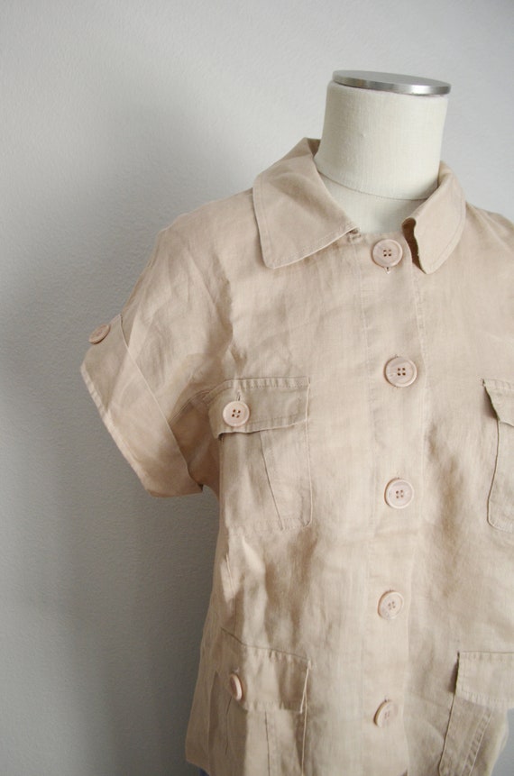 vintage 80s tan linen short sleeve safari  blouse… - image 2