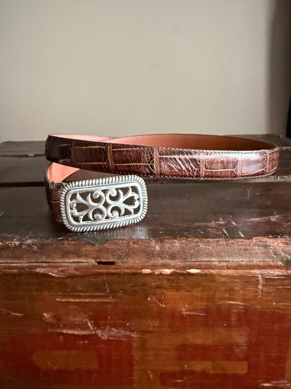 Vintage 90s Brown Leather Brighton Crocodile Calf Skin Belt  display picture 1
