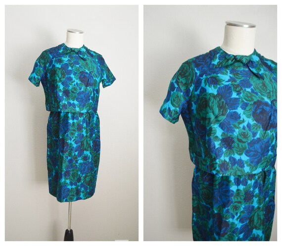 mid century blue green floral jacket dress set --
