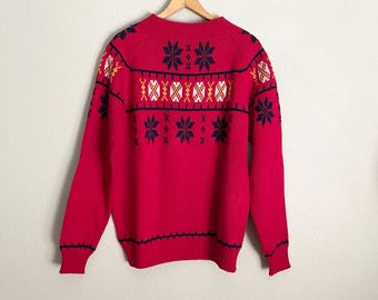 Will Not Ship Until May 21st (5/21) - Vintage 60s Penney's Snowflake Red Holiday Winter Ski Snow Sweater | men's medium/ large