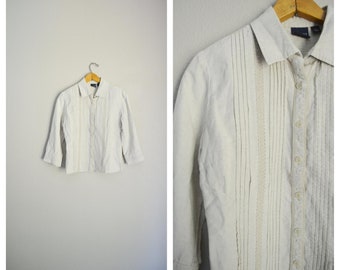 tan linen blouse / vintage 90s embroidered tan linen blouse - small
