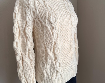 Vintage 80s Ivory Aran Irish Fisherman Sweater- women's xsmall small