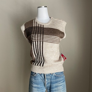 Vintage 80s Tam-Jay Brown Beige Striped Sweater Vest Deadstock women's small image 5