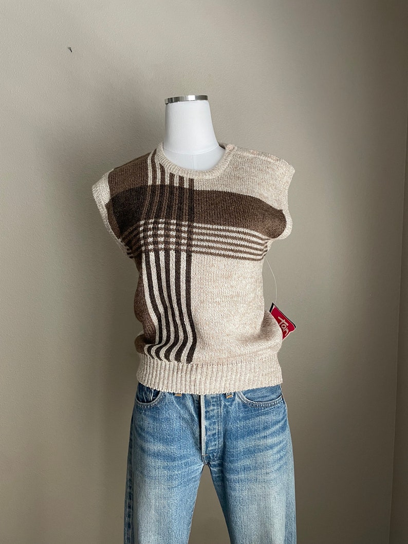 Vintage 80s Tam-Jay Brown Beige Striped Sweater Vest Deadstock women's small image 5