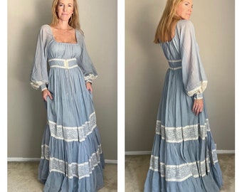 vintage 70s gunne sax blue long sleeve gauzy tiered prairie bohemian sundress princess bodice lolita maxi dress -- women's small